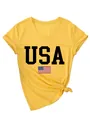 Detail view of yellow V-neck T-shirt with USA text and flag print - S / Tops / Yellow (Black Print)