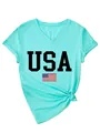 Women's V-neck T-shirt in mint green with black USA print and American flag design - S / Tops / Deep Water Blue (Black Print)