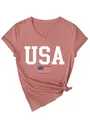 Macro view of the white USA print and American flag detail on a terracotta V-neck T-shirt - Rose Gold (White Print)