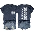 Senior Mom 2027 navy V-neck t-shirt detail showing front and back prints - Navy Blue (White Font)