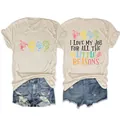 Dettaglio maglietta divertente da donna color avena con stampa I Love My Job sul retro - Taglia S / Top / Colore sabbia