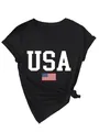 Detailed view of women's black V-neck T-shirt with USA flag and text graphic print. - Black (White Print)