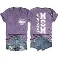 Front and back detail of purple Senior Mom 2027 V-neck T-shirt with denim shorts - Purple (White Font)