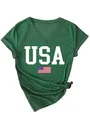 Detailed view of a green women's V-neck T-shirt featuring white USA logo and flag print. - Vintage Green (White Print)