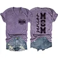 Detail view of purple V-neck women's T-shirt featuring Senior Mom 2027 front and back print - Purple (Black Font)
