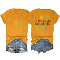 Dettagli della t-shirt gialla con grafica I Love My Job e omini stilizzati - Taglia S / Top / Giallo Senape (Stampa Nera)