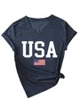 Detailed view of women's heather blue V-neck T-shirt with USA text and flag print - Navy (White Print)