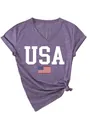 Close-up of USA flag print on purple V-neck short sleeve T-shirt for women - Purple (White Print)