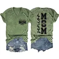 Front and back view of green Senior Mom 2027 V-neck t-shirt and denim shorts - Olive Green (Black Font)
