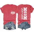 Detail view of front and back print on red V-neck Senior Mom 2027 T-shirt - Red (White Font)