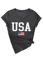 Detail view of women's heather grey V-neck T-shirt with white USA and flag print - Heather Grey (White Print)