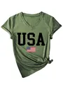Detailed view of women's olive green V-neck T-shirt with black USA flag print. - Olive Green (Black Print)