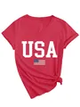 Macro detail view of a women's red V-neck T-shirt with bold white USA print and flag - Red (White Print)