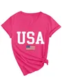 Detailed view of women's hot pink V-neck T-shirt featuring USA flag and letter print - Rose Red (White Print)