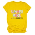 Detailed view of the vibrant Summer Mode Loading print on a yellow women's cotton t-shirt - S / Tops / Yellow