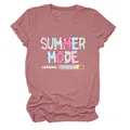 Close-up of the Summer Mode Loading colorful graphic print on a pink mauve T-shirt. - S / Tops / Rose Gold