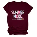 Maroon ladies crew neck cotton T-shirt featuring a colorful Summer Mode Loading print. - S / Tops / Burgundy