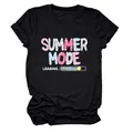 Detail of women's black T-shirt with colorful Summer Mode Loading graphic print - S / Tops / Black (White Text)
