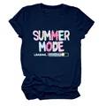 Close-up of navy blue T-shirt featuring 'Summer Mode Loading' graphic print - S / Tops / Navy Blue