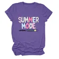 Stylish purple women's T-shirt with colorful 'Summer Mode Loading' graphic print. - S / Tops / Purple (Black Print)