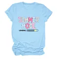 Close-up of 'Summer Mode Loading' graphic print on light blue women's cotton t-shirt - S / Tops / Light Blue (Black Print)