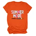Close-up of bright orange crew neck T-shirt with Summer Mode Loading graphic print - S / Tops / Orange