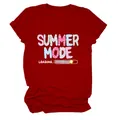 Detail of "SUMMER MODE" graphic print on a red women's short-sleeved T-shirt. - S / Tops / Red