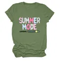 Women's green crew neck short sleeve T-shirt with Summer Mode Loading print design - S / Tops / Olive Green