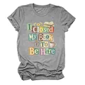 Detail view of grey women's crewneck T-shirt featuring 'I Closed My Book To Be Here' print - S / Tops / Dark Gray
