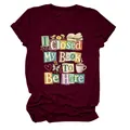 Close-up of the 'I Closed My Book To Be Here' colorful graphic print on a burgundy T-shirt - S / Tops / Burgundy