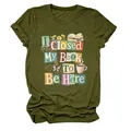 Detail view of 'I Closed My Book To Be Here' graphic on olive green women's tee - S / Tops / Army Green