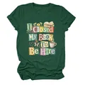 Close-up of 'I Closed My Book To Be Here' graphic on a dark green cotton T-shirt. - S / Tops / Vintage Green