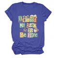 Detail view of the colorful book-themed graphic print on a blue women's T-shirt. - S / Tops / Vintage Blue