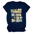 Close-up of "I Closed My Book To Be Here" colorful graphic print on navy t-shirt - S / Tops / Navy Blue