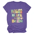Detailed view of the purple crew neck t-shirt featuring I Closed My Book To Be Here text - S / Tops / Purple