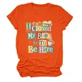 Casual orange crew neck women's t-shirt with 'I Closed My Book To Be Here' graphic print - S / Tops / Orange
