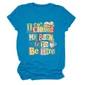 Detail of blue crew neck t-shirt with 'I Closed My Book To Be Here' graphic print - S / Tops / Lake Blue