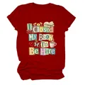 Close-up detail of literary graphic print on dark red short sleeve cotton t-shirt for women - S / Tops / Red