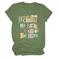 Green crew neck T-shirt featuring 'I Closed My Book To Be Here' graphic design - S / Tops / Olive Green