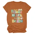 Detail view of the colorful graphic print on a terracotta orange crew neck T-shirt. - S / Tops / Burnt Orange