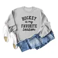 Detailed view of grey sweatshirt with 'Hockey Is My Favorite Season' slogan print - Grey (Black Print)