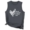Detail of a charcoal tank top with cluck around & find out chicken print and knotted hem. - S / Tops / Dark Gray