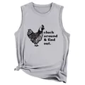 Casual grey sleeveless T-shirt featuring a funny chicken graphic and Cluck Around slogan. - S / Tops / Light Gray