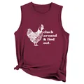 Detail of a maroon sleeveless tank top featuring cluck around find out chicken graphic - S / Tops / Burgundy