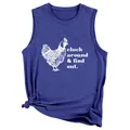 Detail of blue tank top featuring 'Cluck around & find out' chicken graphic and side knot. - Vintage Blue