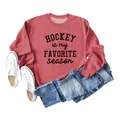 Red Hockey Is My Favorite Season sweatshirt shown in a stylish flat lay with denim jeans - Red (Black Print)