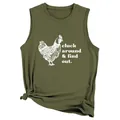Detailed view of an olive green sleeveless tank top with cluck around find out slogan - Army Green