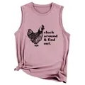 Detail view of pink sleeveless t-shirt with cluck around and find out chicken print - Rose Gold