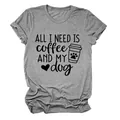 Close-up detail of a grey T-shirt featuring 'ALL I NEED IS COFFEE AND MY DOG' print - S / Tops / Dark Gray (Black Font)