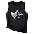 Detail view of black sleeveless tank top with cluck around and find out chicken print - S / Tops / Black